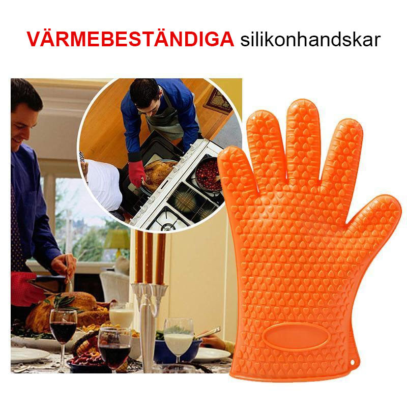 Värmebeständiga silikonhandskar i olika färger för köket, perfekt för heta plåtar och grytor. Ergonomisk design.