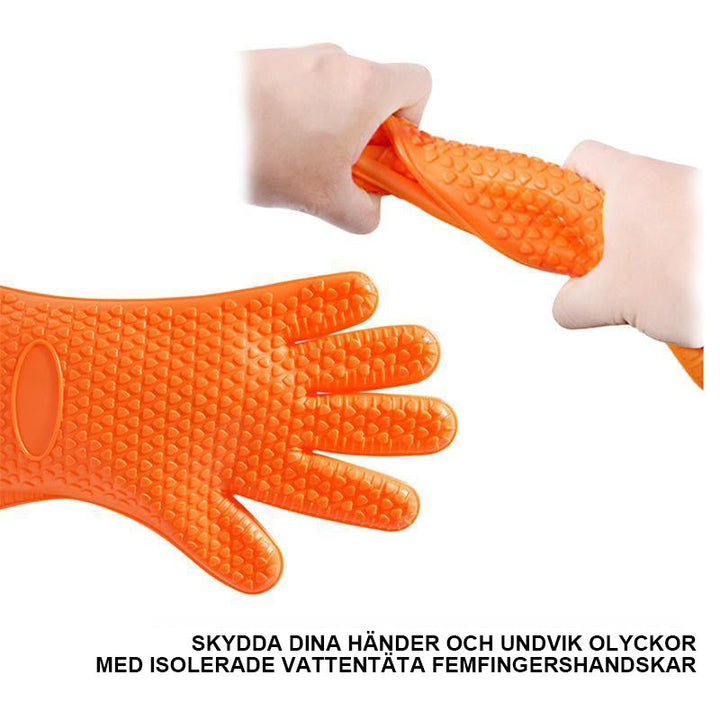 Värmebeständiga silikonhandskar i olika färger för köket, perfekt för heta plåtar och grytor. Ergonomisk design.