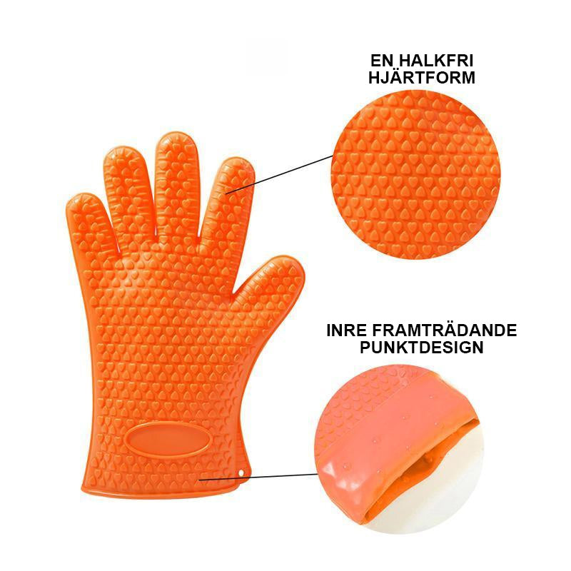 Värmebeständiga silikonhandskar i olika färger för köket, perfekt för heta plåtar och grytor. Ergonomisk design.