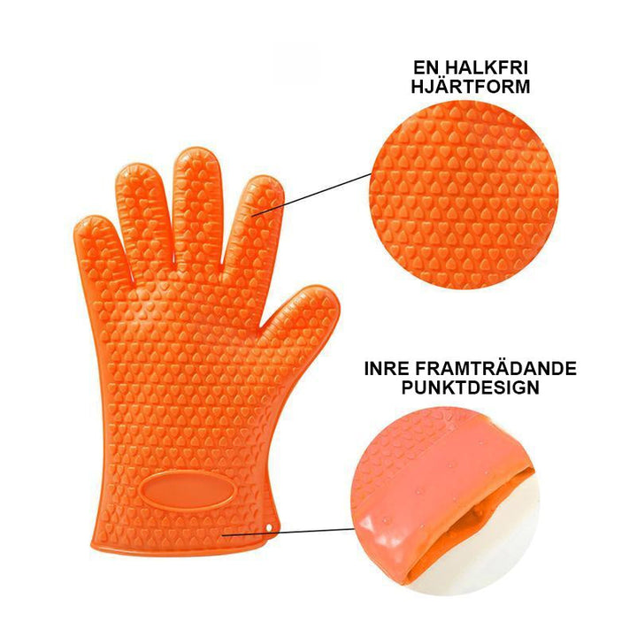 Värmebeständiga silikonhandskar i olika färger för köket, perfekt för heta plåtar och grytor. Ergonomisk design.