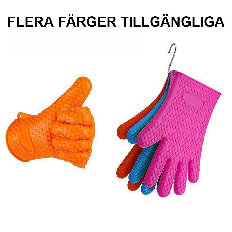 Värmebeständiga silikonhandskar i olika färger för köket, perfekt för heta plåtar och grytor. Ergonomisk design.