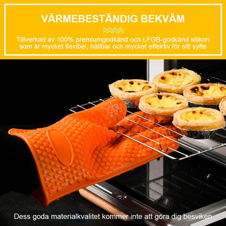 Värmebeständiga silikonhandskar i olika färger för köket, perfekt för heta plåtar och grytor. Ergonomisk design.