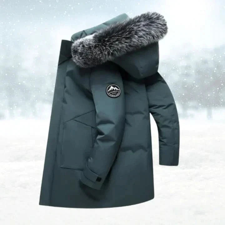 "Vattenavvisande herr parkas, vinterjacka med fodrad huva och rymliga fickor, skyddar mot kyla och regn."