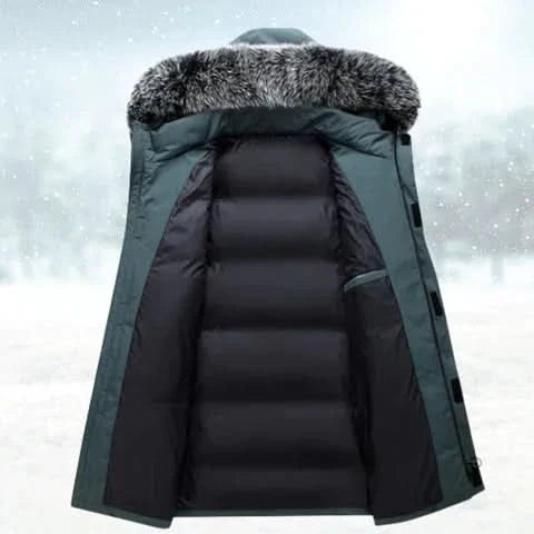 "Vattenavvisande herr parkas, vinterjacka med fodrad huva och rymliga fickor, skyddar mot kyla och regn."