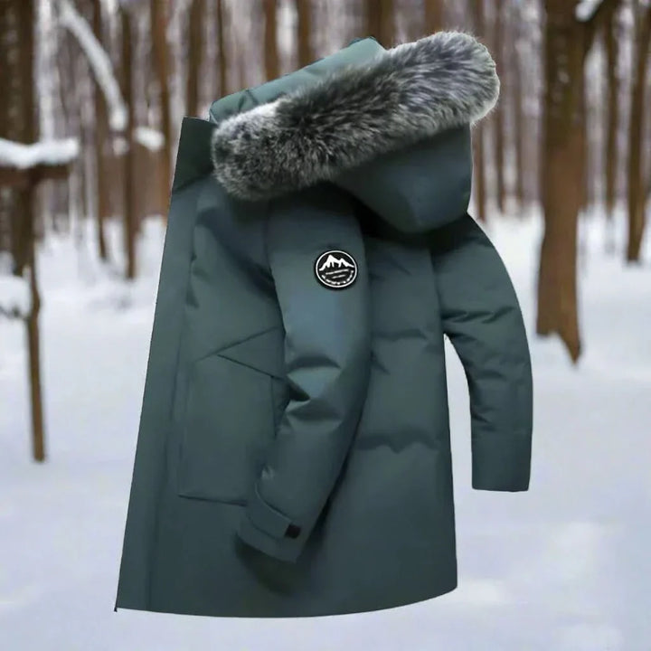 "Vattenavvisande herr parkas, vinterjacka med fodrad huva och rymliga fickor, skyddar mot kyla och regn."