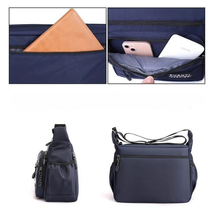"Vattentät axelväska i slitstark nylon, crossbody design för utomhus och vardag, unisex."