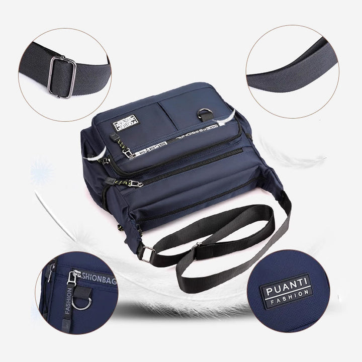 "Vattentät axelväska i slitstark nylon, crossbody design för utomhus och vardag, unisex."