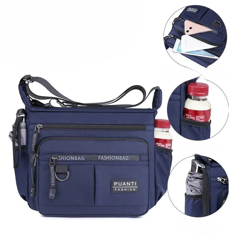 "Vattentät axelväska i slitstark nylon, crossbody design för utomhus och vardag, unisex."
