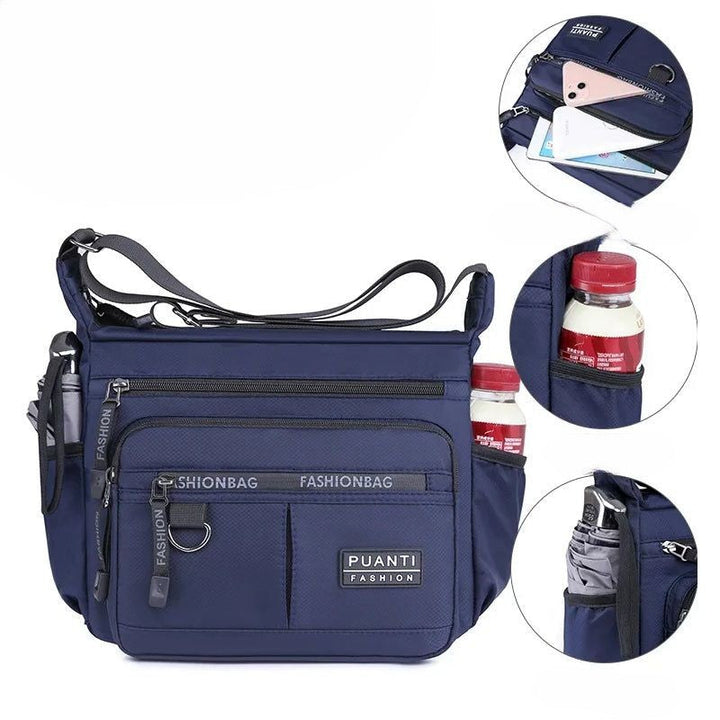 "Vattentät axelväska i slitstark nylon, crossbody design för utomhus och vardag, unisex."