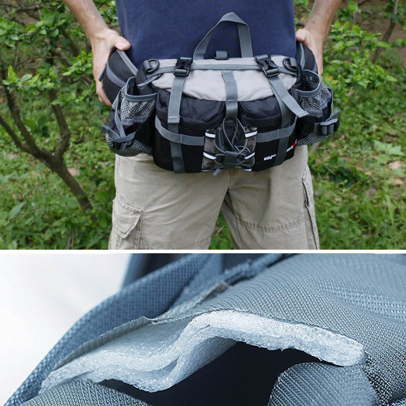 "Vattentät midjeväska för män i friluftsliv, hållbar nylon, flera fack, svarta och gröna detaljer, bär runt midjan."