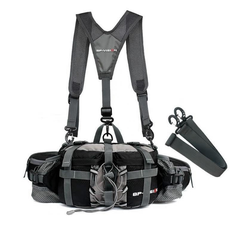 "Vattentät midjeväska för män i friluftsliv, hållbar nylon, flera fack, svarta och gröna detaljer, bär runt midjan."