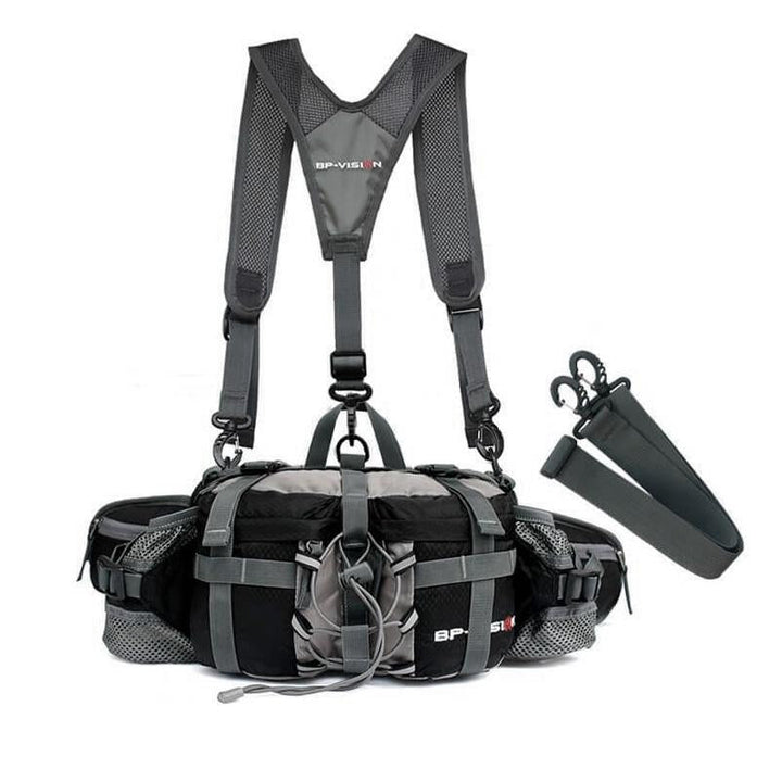 "Vattentät midjeväska för män i friluftsliv, hållbar nylon, flera fack, svarta och gröna detaljer, bär runt midjan."