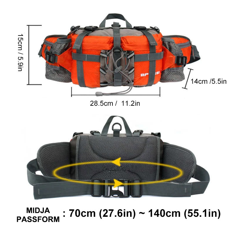 "Vattentät midjeväska för män i friluftsliv, hållbar nylon, flera fack, svarta och gröna detaljer, bär runt midjan."