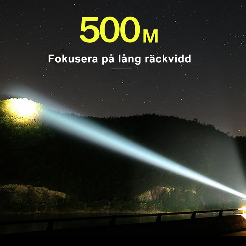 "Vattentät militär ficklampa, aluminium, 5 lägen, 12 000 lumens, svart design, robust och kompakt för extrema äventyr."