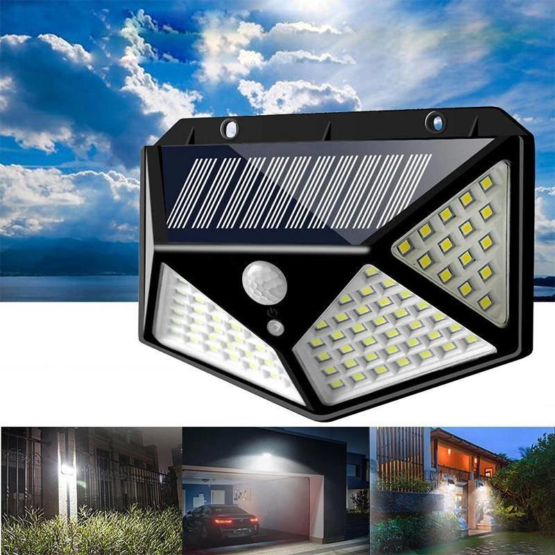 "Vattentät utomhus solcells vägglampa med 100 LED-lampor, lyser starkt och skapar trygg atmosfär i trädgården."