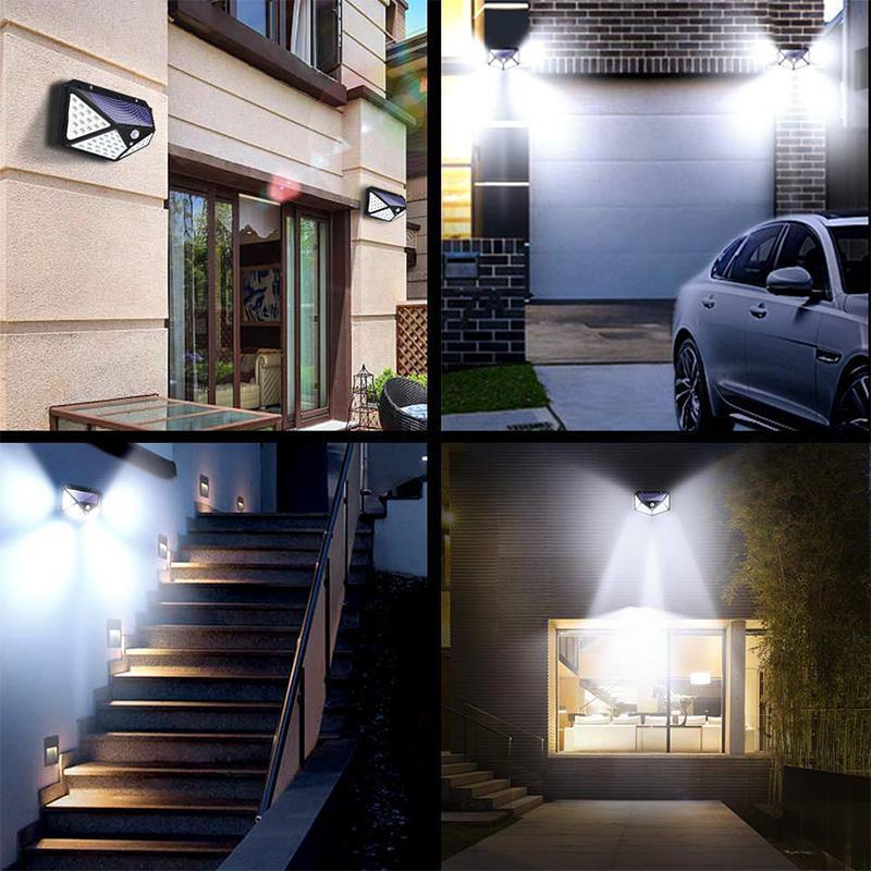 "Vattentät utomhus solcells vägglampa med 100 LED-lampor, lyser starkt och skapar trygg atmosfär i trädgården."