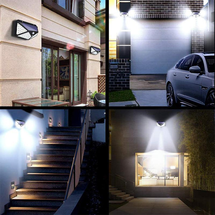 "Vattentät utomhus solcells vägglampa med 100 LED-lampor, lyser starkt och skapar trygg atmosfär i trädgården."