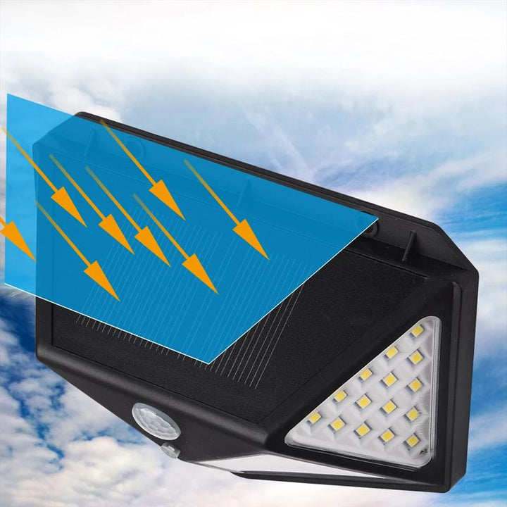 "Vattentät utomhus solcells vägglampa med 100 LED-lampor, lyser starkt och skapar trygg atmosfär i trädgården."