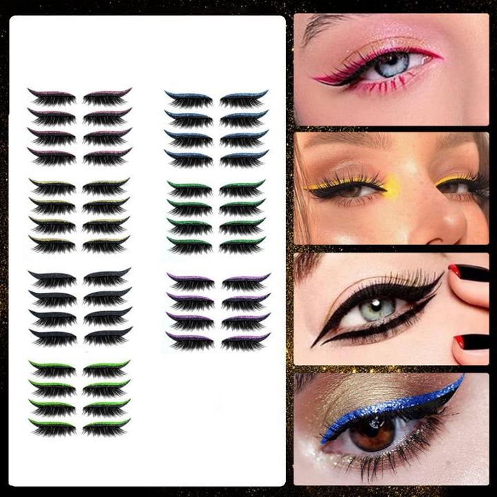 "Vattentäta, återanvändbara eyeliner- och ögonfransdekaler i olika färger, elegant design för kreativ makeup."