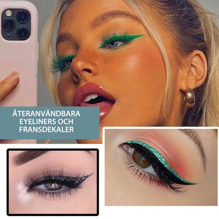 "Vattentäta, återanvändbara eyeliner- och ögonfransdekaler i olika färger, elegant design för kreativ makeup."