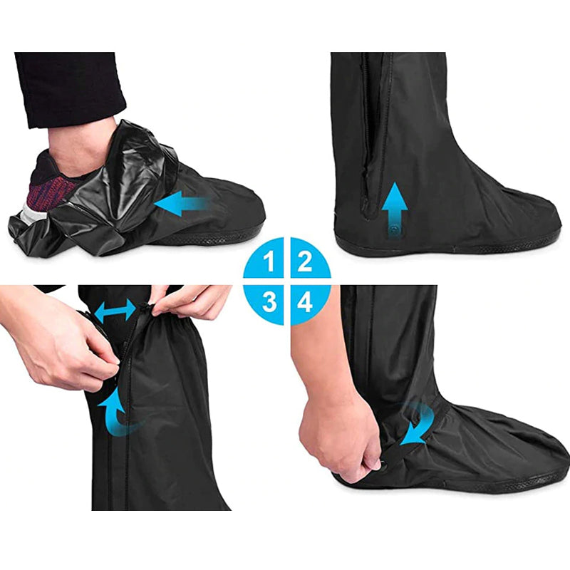 "Vattentäta justerbara skoskydd i svart PVC för utomhusaktivitet, skyddar mot regn och smuts. Perfekt för resor."