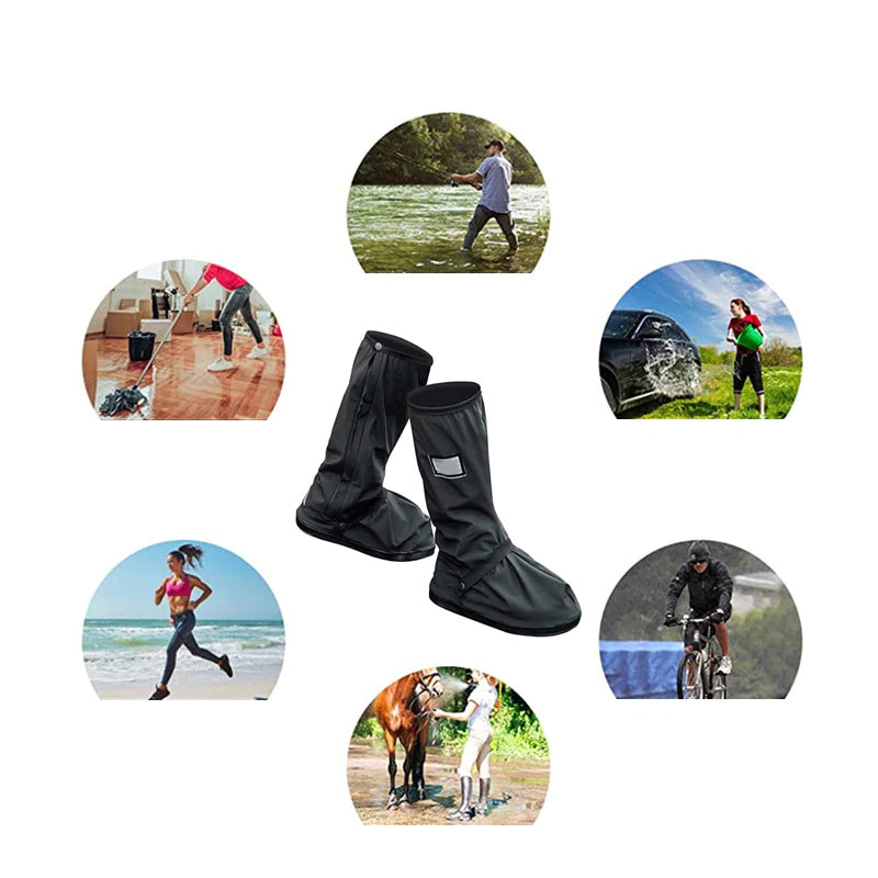 "Vattentäta justerbara skoskydd i svart PVC för utomhusaktivitet, skyddar mot regn och smuts. Perfekt för resor."