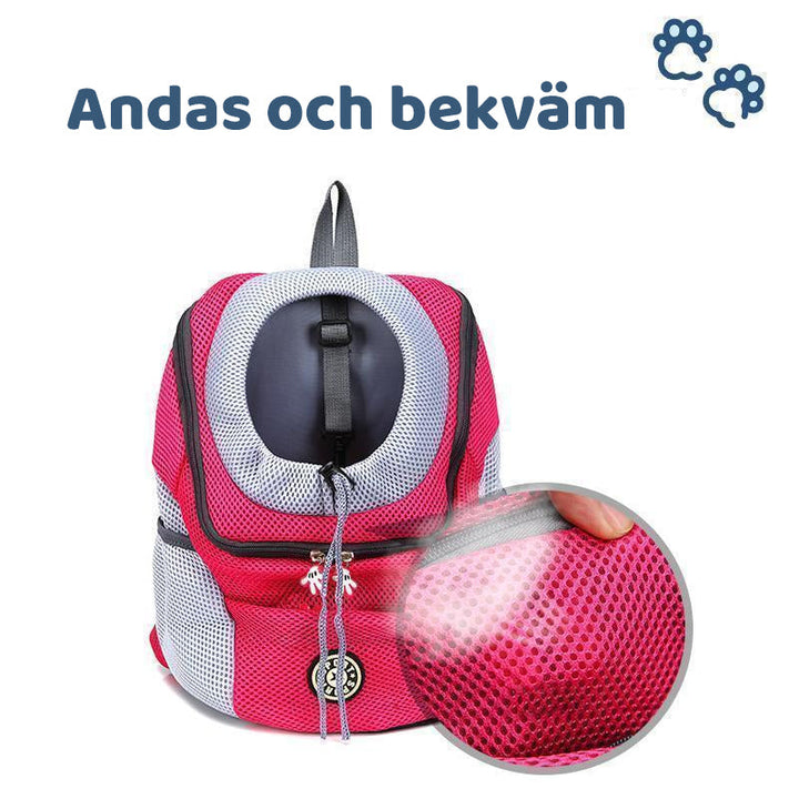 "Ventilerande ryggsäck för hund i blått med justerbara bärbälten, säkerhetsrem, sidofickor och flera färgalternativ."