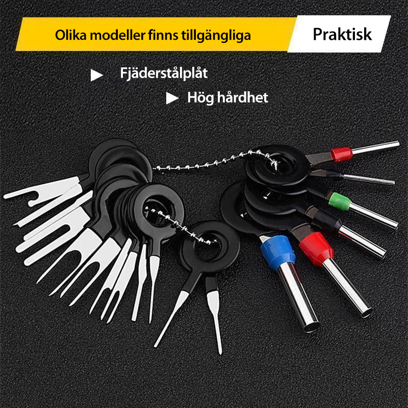 "Verktygssats för terminalborttagning i stål och plast, ideal för fordon, visas med komponenter uppställda."