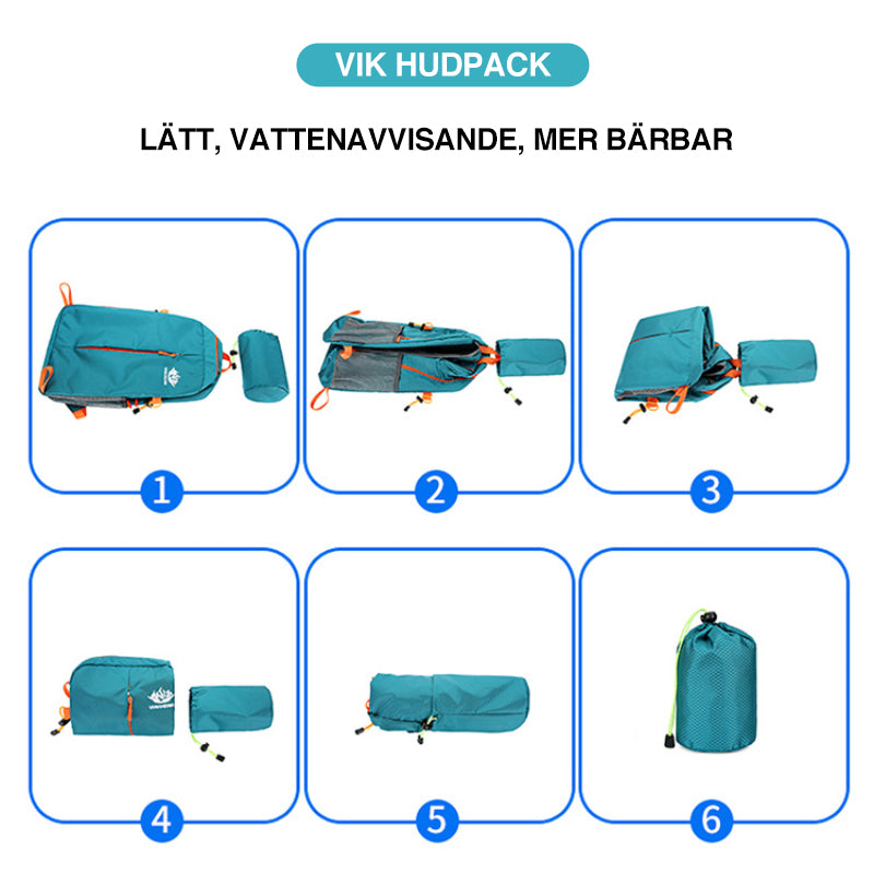 "Vikbar unisex ryggsäck i vattentålig polyester, grön färg, lätt och kompakt, idealisk för vandring och daglig användning."