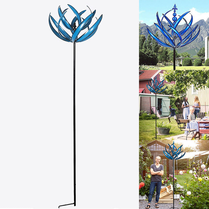 "Vindspinnare i antikblå metall, elegant design för trädgårdsdekoration, blir ett visuellt blickfång i din utomhusoas."