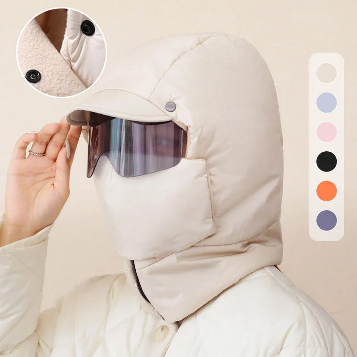 "Vindtät unisex utomhusmask med avtagbara glasögon, svart, täcker ansikte, idealisk för kalla och blåsiga dagar."