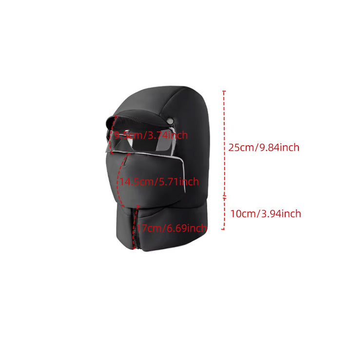 "Vindtät unisex utomhusmask med avtagbara glasögon, svart, täcker ansikte, idealisk för kalla och blåsiga dagar."