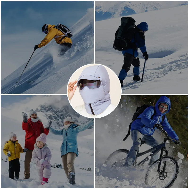 "Vindtät unisex utomhusmask med avtagbara glasögon, svart, täcker ansikte, idealisk för kalla och blåsiga dagar."