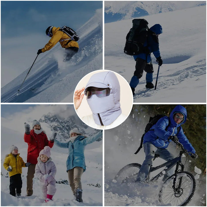 "Vindtät unisex utomhusmask med avtagbara glasögon, svart, täcker ansikte, idealisk för kalla och blåsiga dagar."