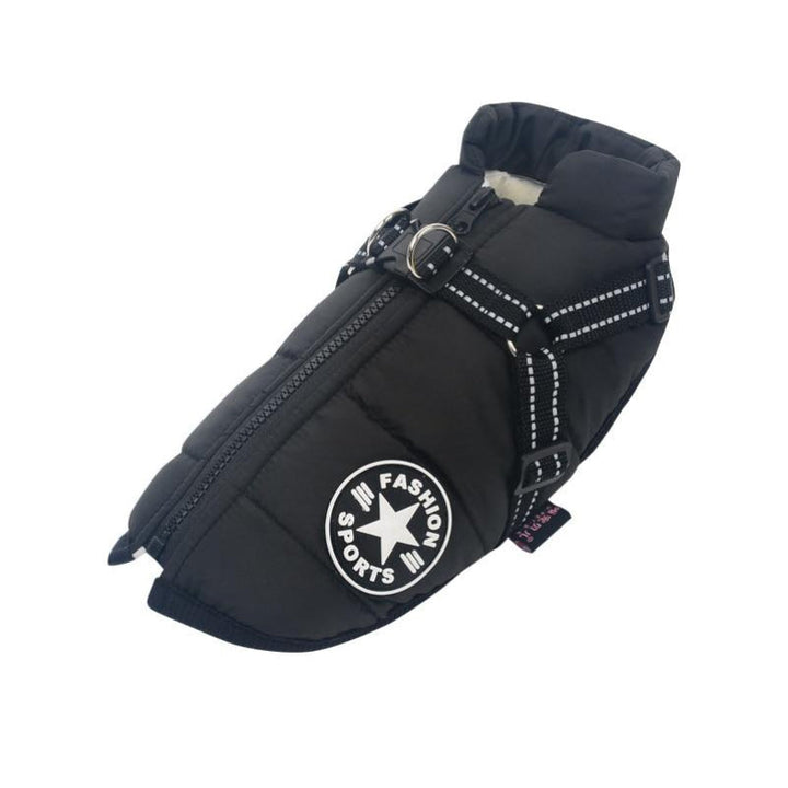 Vindtät vattentät hundjacka, röd med fleecefoder och reflexdetaljer, perfekt för skydd mot regn och kallt väder.