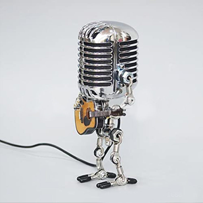 "Vintage mikrofon robotlampa av metall, retrodesign med justerbara leder, perfekt för unik heminredning."