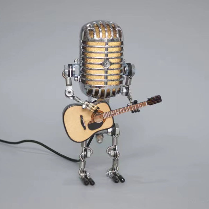 "Vintage mikrofon robotlampa av metall, retrodesign med justerbara leder, perfekt för unik heminredning."