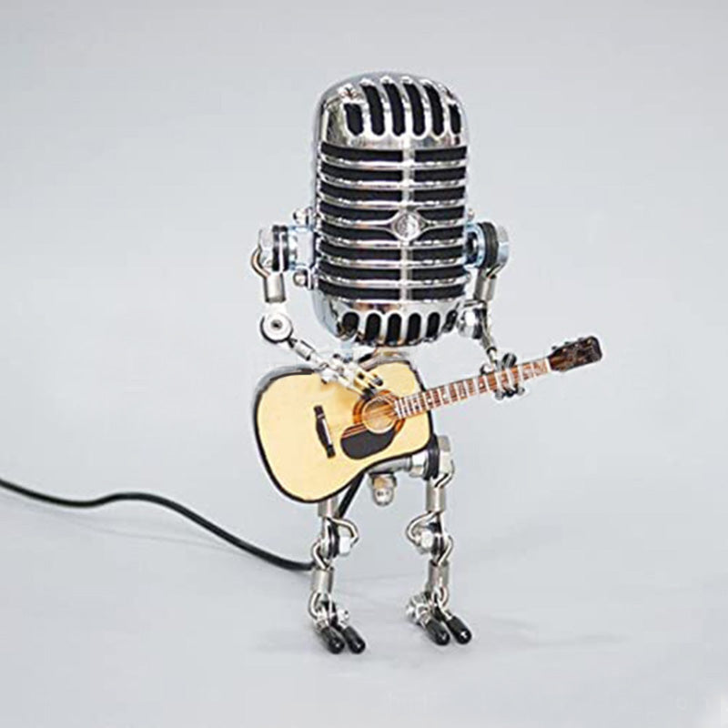 "Vintage mikrofon robotlampa av metall, retrodesign med justerbara leder, perfekt för unik heminredning."