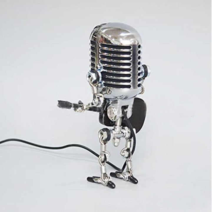"Vintage mikrofon robotlampa av metall, retrodesign med justerbara leder, perfekt för unik heminredning."