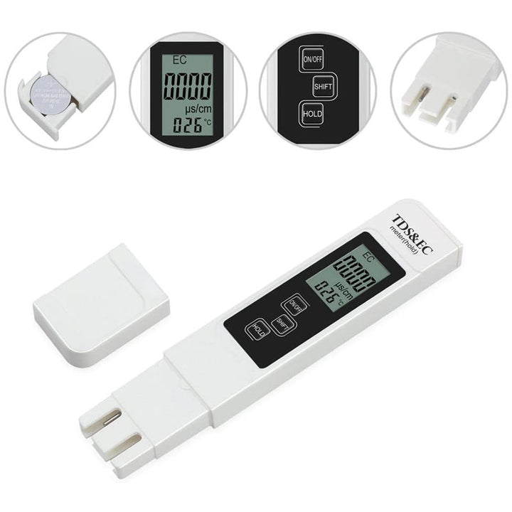 "Vit digital vattenkvalitetsmätare med TDS funktion, kompakt och lättläst skärm, mäter ppm-nivåer exakt."