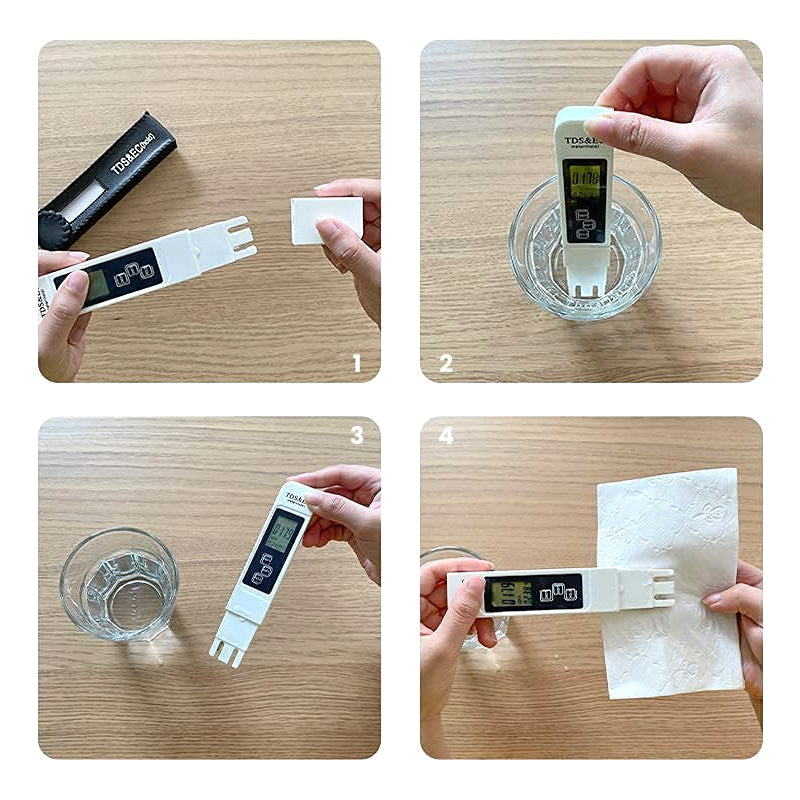 "Vit digital vattenkvalitetsmätare med TDS funktion, kompakt och lättläst skärm, mäter ppm-nivåer exakt."