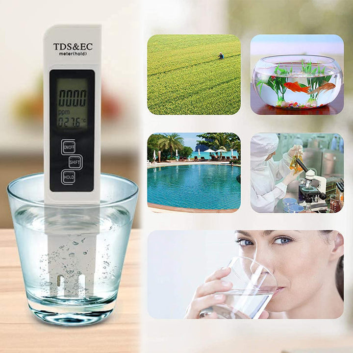 "Vit digital vattenkvalitetsmätare med TDS funktion, kompakt och lättläst skärm, mäter ppm-nivåer exakt."