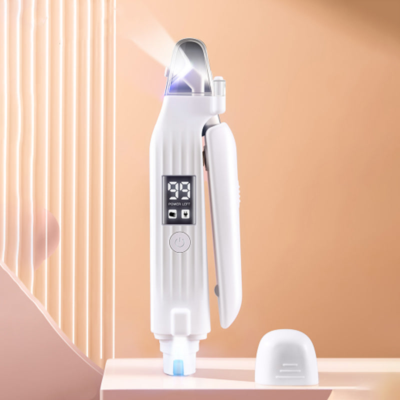 "Vit klottrimmer för husdjur med LED-ljus, 2-i-1 design, säker och smidig trimning, tyst drift, stänkskyddad uppsamlare."