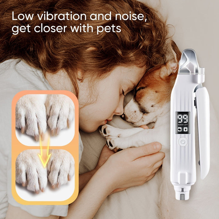 "Vit klottrimmer för husdjur med LED-ljus, 2-i-1 design, säker och smidig trimning, tyst drift, stänkskyddad uppsamlare."