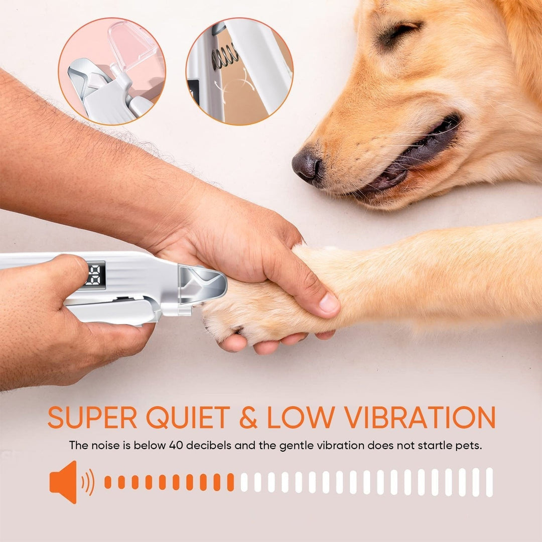 "Vit klottrimmer för husdjur med LED-ljus, 2-i-1 design, säker och smidig trimning, tyst drift, stänkskyddad uppsamlare."