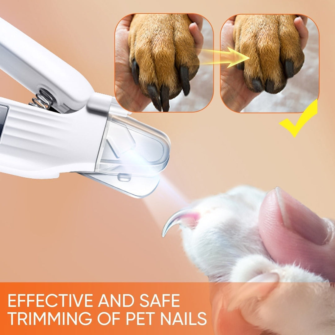 "Vit klottrimmer för husdjur med LED-ljus, 2-i-1 design, säker och smidig trimning, tyst drift, stänkskyddad uppsamlare."