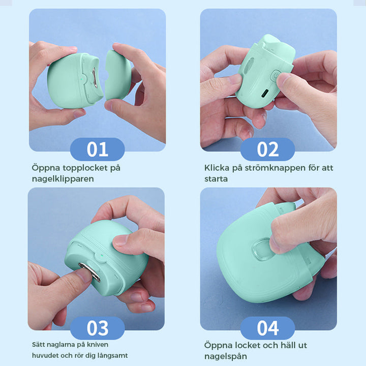 "Vit och grön elektrisk nagelklippare, smart design med ergonomisk grepp och inbyggd nagelspånssamlare."