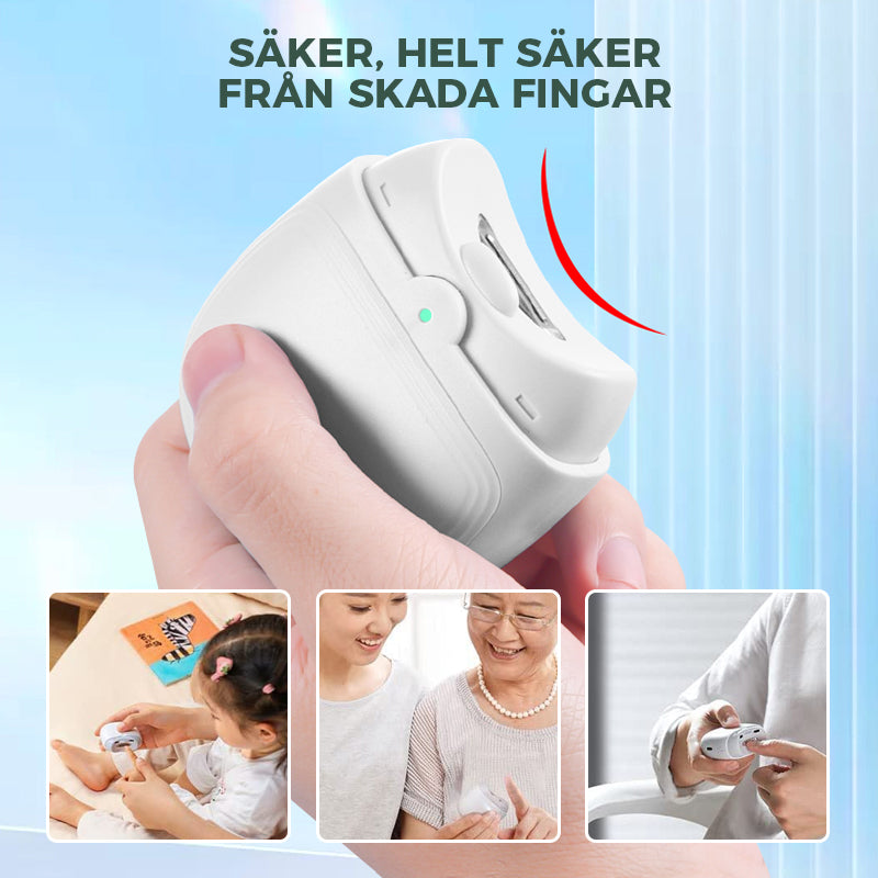 "Vit och grön elektrisk nagelklippare, smart design med ergonomisk grepp och inbyggd nagelspånssamlare."