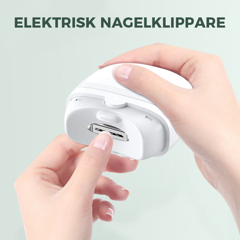 "Vit och grön elektrisk nagelklippare, smart design med ergonomisk grepp och inbyggd nagelspånssamlare."
