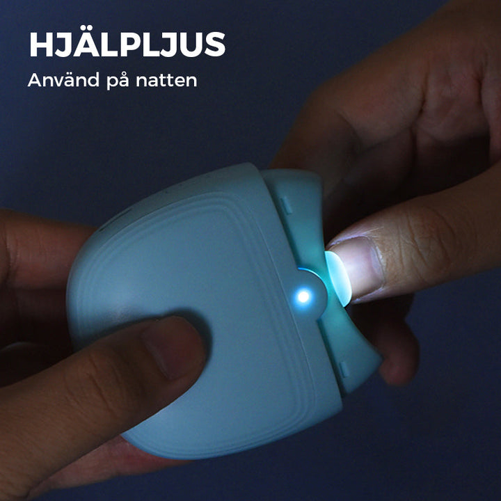 "Vit och grön elektrisk nagelklippare, smart design med ergonomisk grepp och inbyggd nagelspånssamlare."
